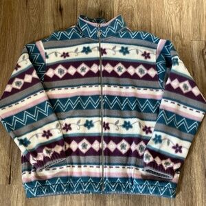Vintage Alfred Dunner Jacket Womens Petite Large Floral Aztec Full Zip Fleece